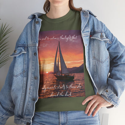 True Sailor Sunset T-Shirt "The Witness of Light" — Sailboat Sunset Graphic Tee with "True Sailor" Back