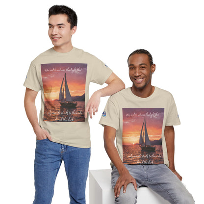 True Sailor Sunset T-Shirt "The Witness of Light" — Sailboat Sunset Graphic Tee with "True Sailor" Back