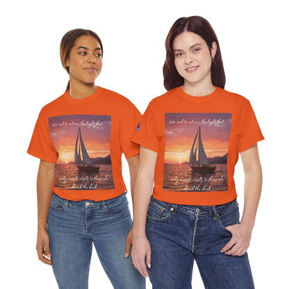 True Sailor Sunset T-Shirt "The Witness of Light" — Sailboat Sunset Graphic Tee with "True Sailor" Back