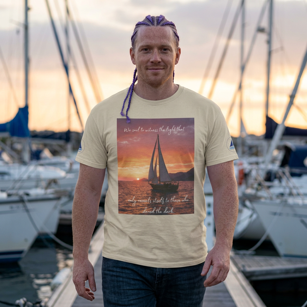 True Sailor Sunset T-Shirt "The Witness of Light" — Sailboat Sunset Graphic Tee with "True Sailor" Back