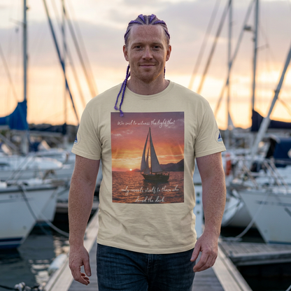 True Sailor Sunset T-Shirt "The Witness of Light" — Sailboat Sunset Graphic Tee with "True Sailor" Back