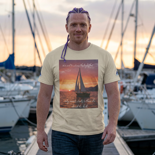 True Sailor Sunset T-Shirt "The Witness of Light" — Sailboat Sunset Graphic Tee with "True Sailor" Back