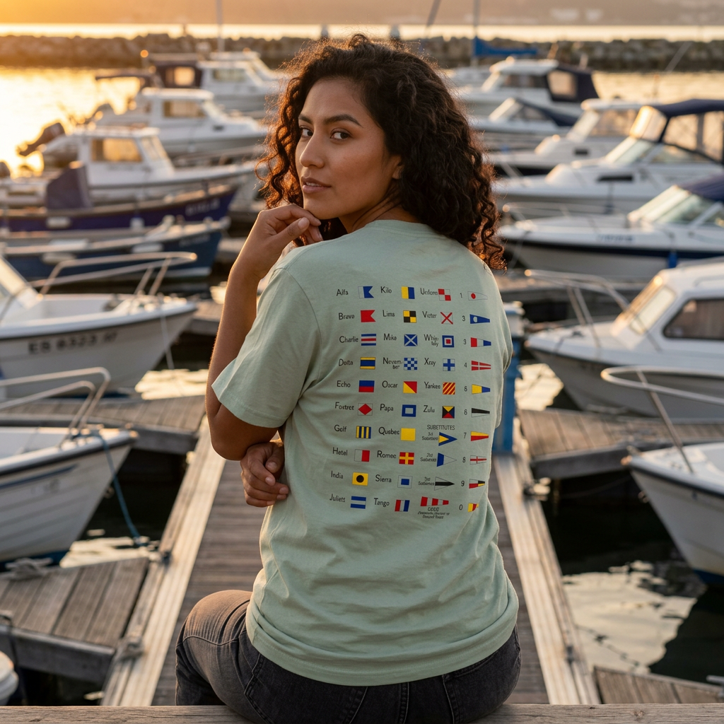 Nautical Signal Flag T-Shirt | Maritime Alphabet Graphic Tee | International Code Flags Shirt | Sailing Yacht Gift | Selected Crew Apparel