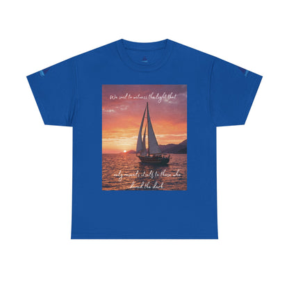 True Sailor Sunset T-Shirt "The Witness of Light" — Sailboat Sunset Graphic Tee with "True Sailor" Back