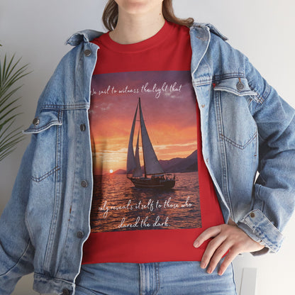 True Sailor Sunset T-Shirt "The Witness of Light" — Sailboat Sunset Graphic Tee with "True Sailor" Back
