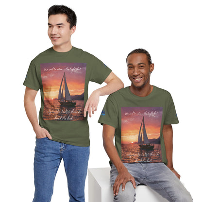 True Sailor Sunset T-Shirt "The Witness of Light" — Sailboat Sunset Graphic Tee with "True Sailor" Back